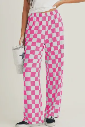 Checked Print High Waist Wide Leg Pants