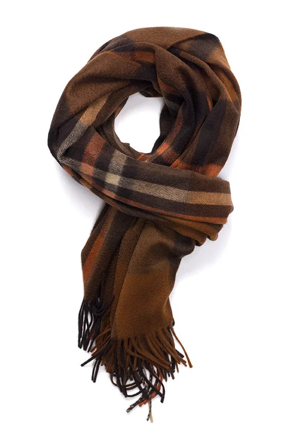 Joshua Ellis Modern Tartan 100% Cashmere Stole Tan & Orange