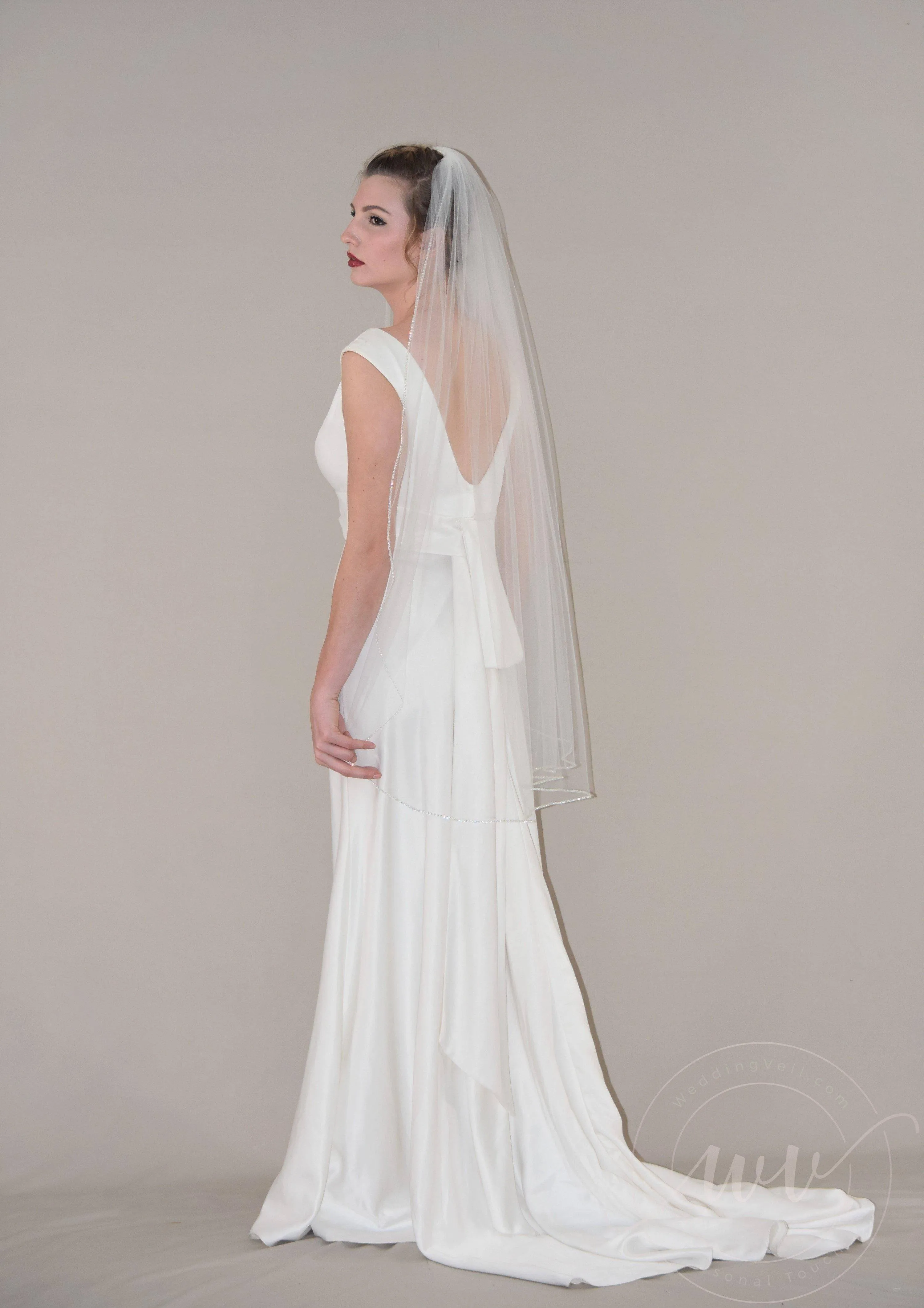 Sparkly Fingertip Wedding Veil with Rhinestone Edge