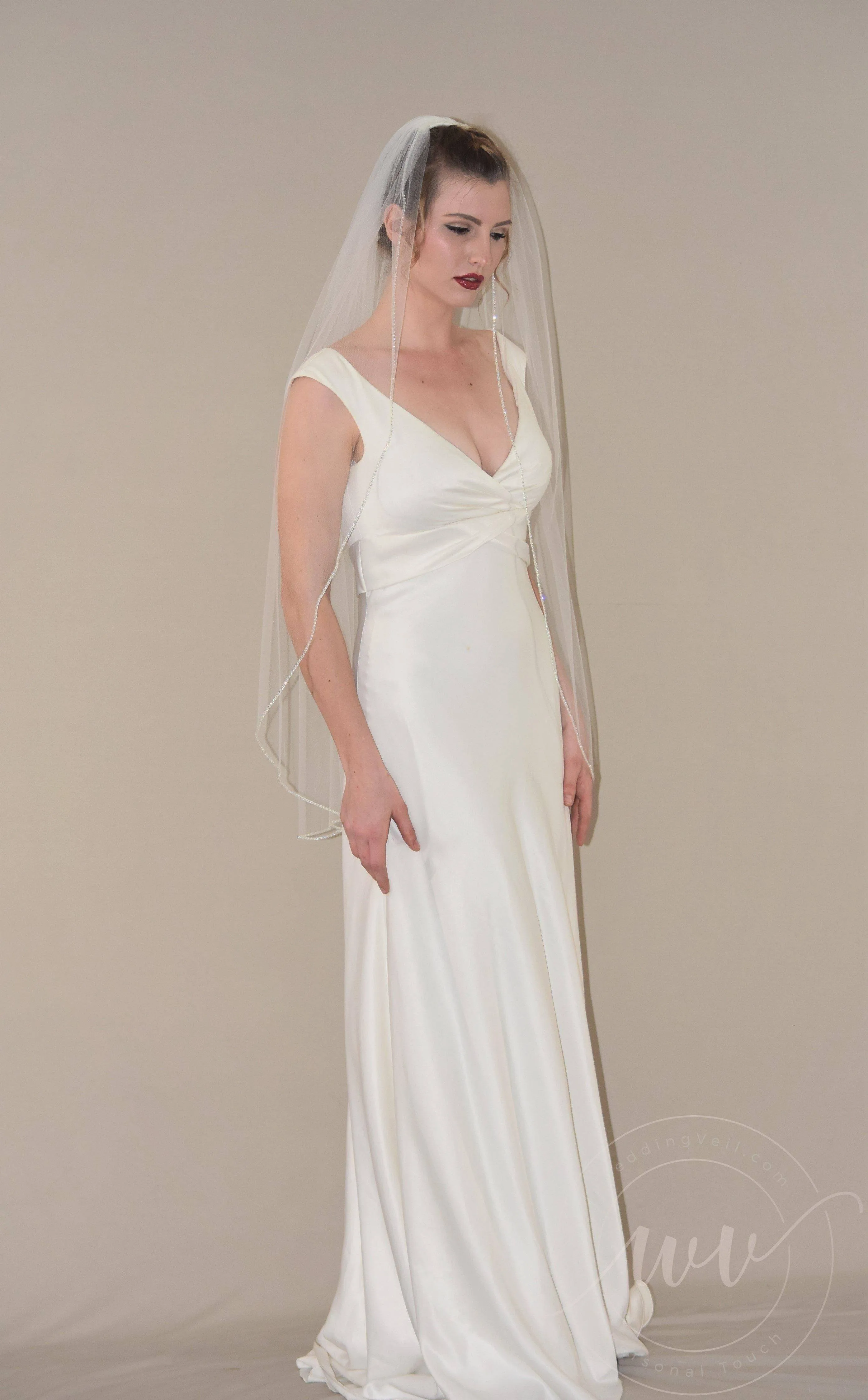 Sparkly Fingertip Wedding Veil with Rhinestone Edge