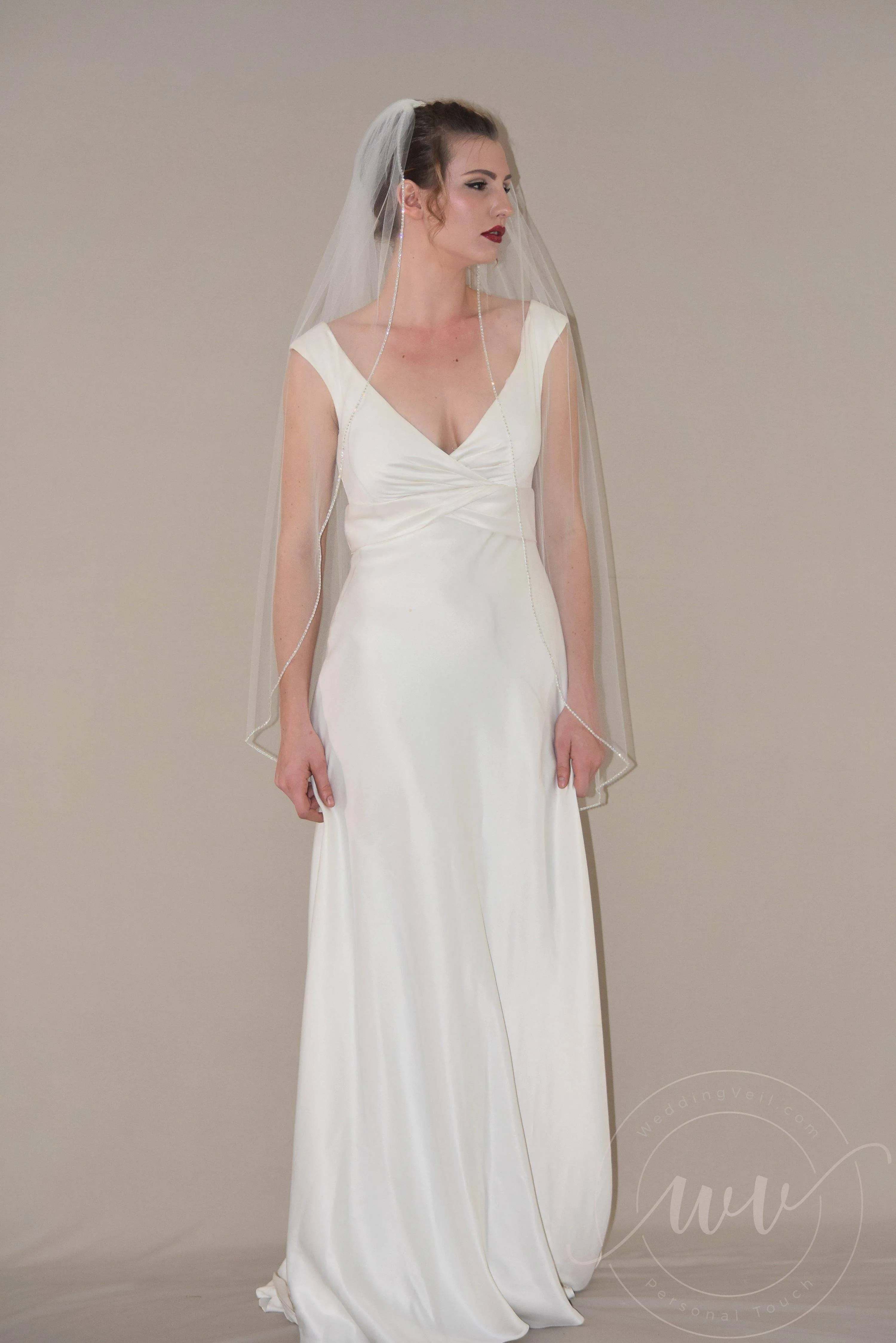 Sparkly Fingertip Wedding Veil with Rhinestone Edge