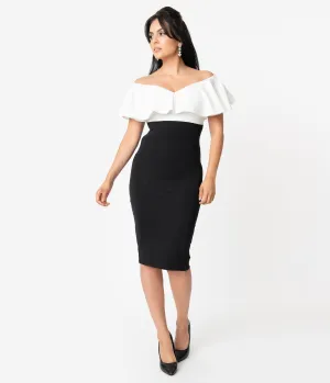 Unique Vintage Black & White Colorblock Ruffle Lilith Wiggle Dress